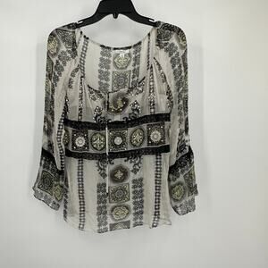 Cache Womens Top Size L Boho Sheer‎ Beaded Tunic Blouse Green Black Cottagecore